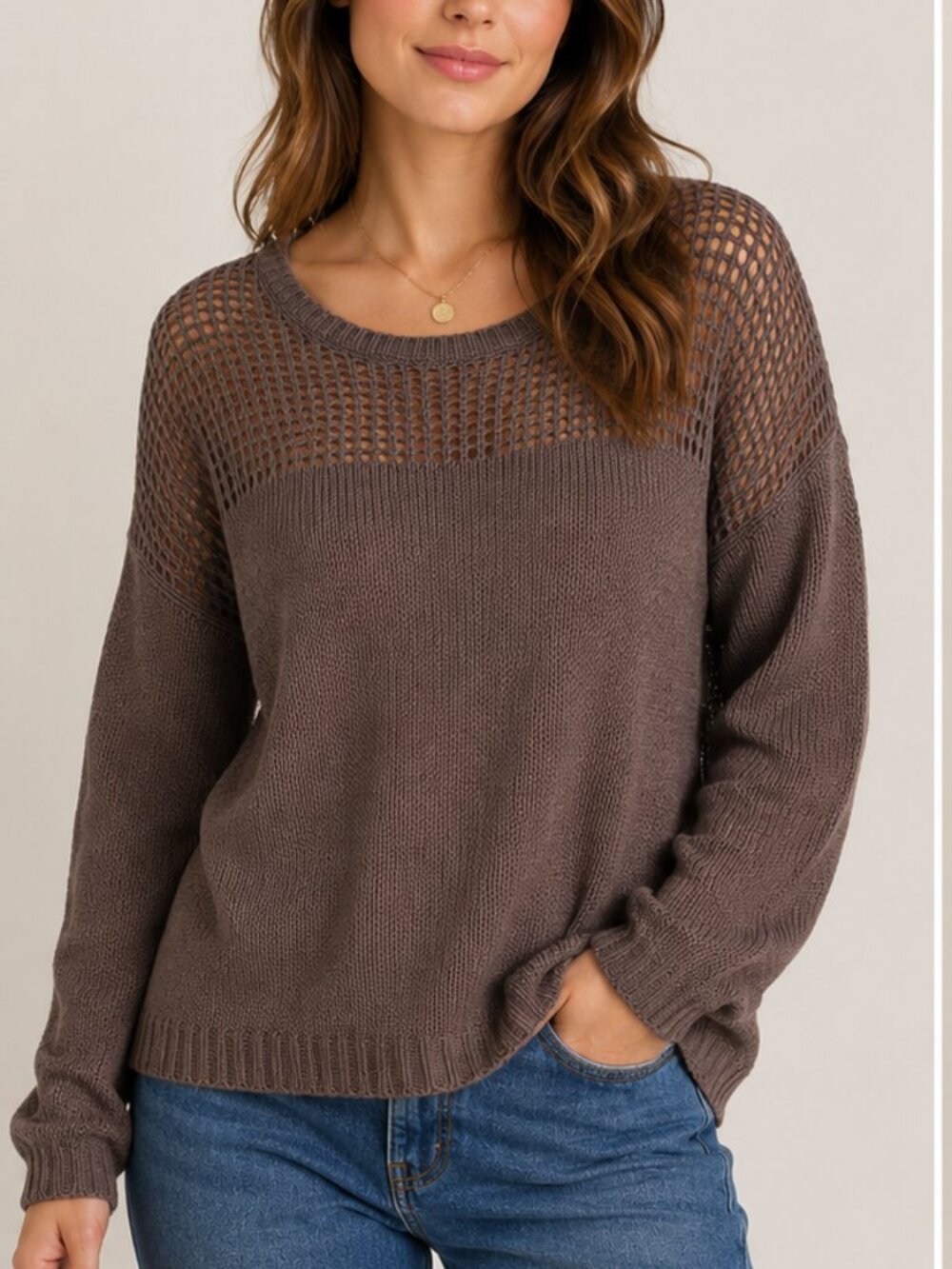 C&C California Brown Knit Sweater Women’s Medium Open Knit Yoke Pullover